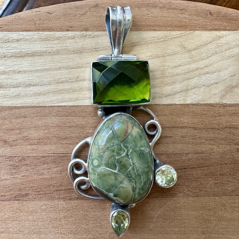 VTG Artisan Pendant 2.5 Inch Green Tourmaline Variscite Peridot Sterling 16.3g